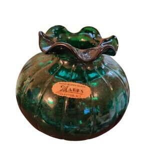Vintage Marks Hand Blown Green Glass Ruffled Vase